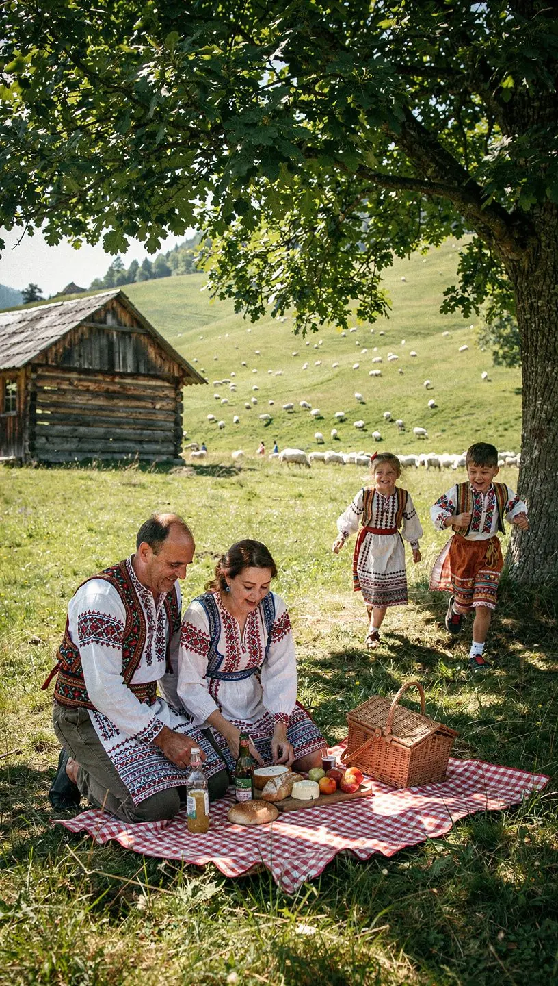 A group of travelers setting off on a picturesque hiking trail, with towering trees and sunlight filtering through the leaves.